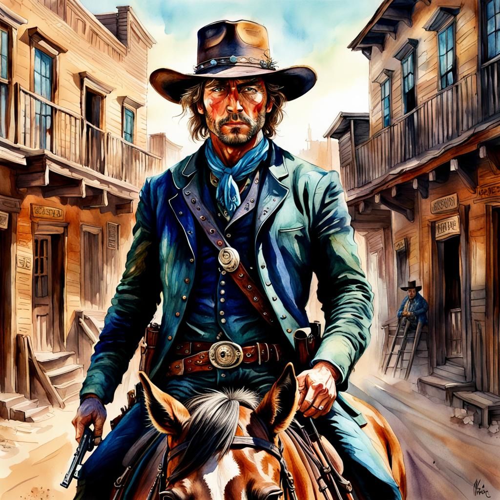 Wild West Gunslinger Rides through Golden Hour Town