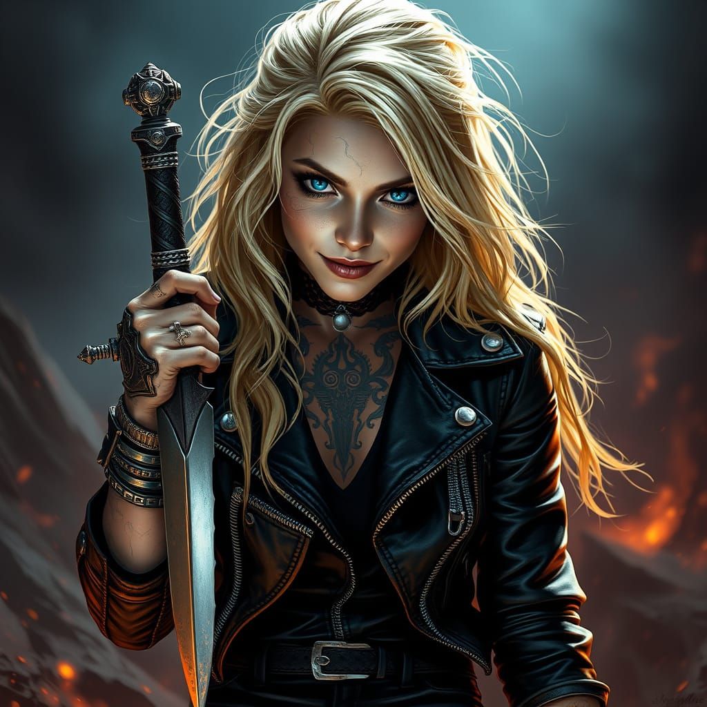 Mysterious Blonde Warrior in Futuristic Leather Jacket