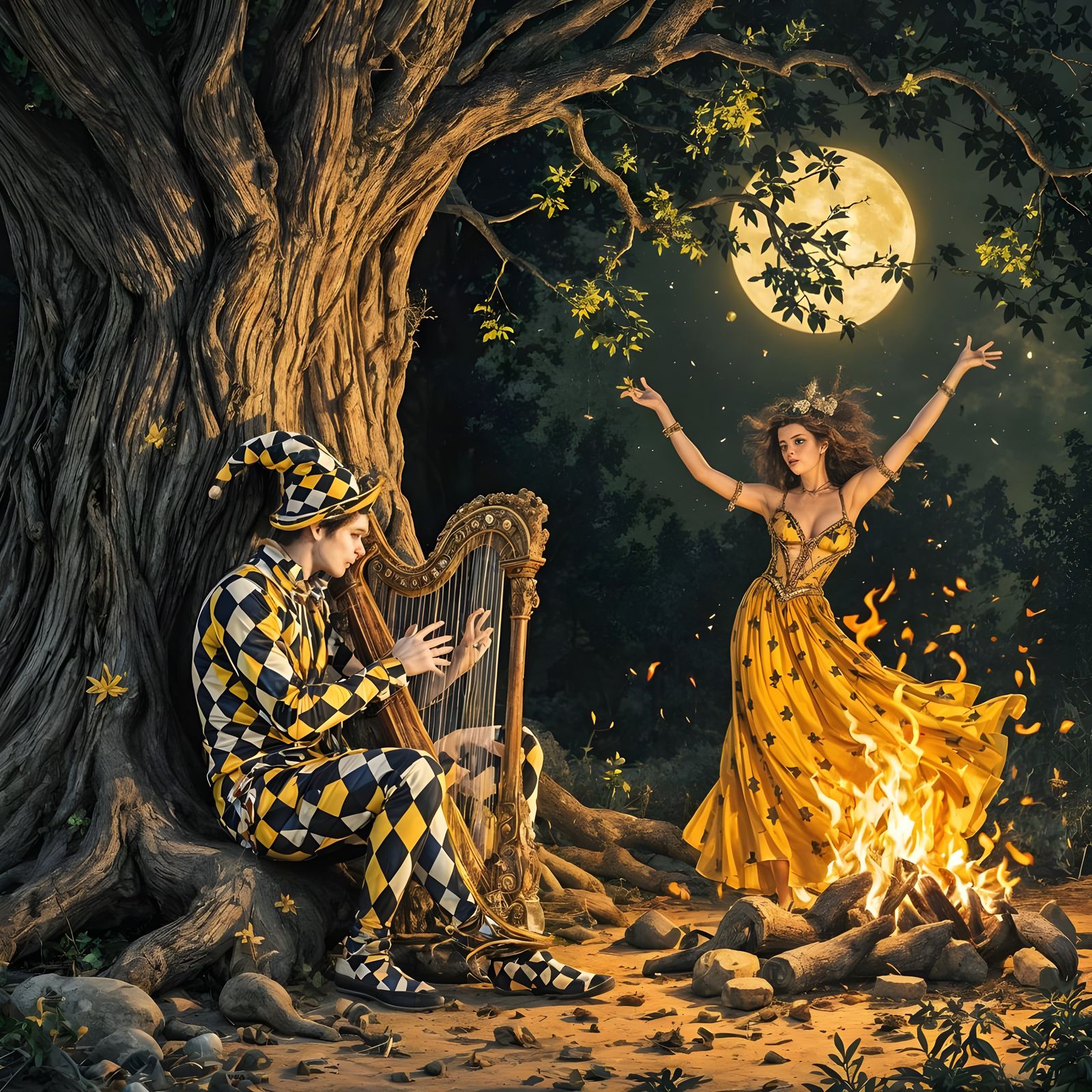 Harlequin Couple by Campfire Under Yellow Moon