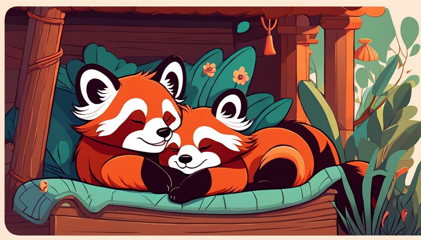 Cuddly Red Panda Family in Whimsical Cartoon Style