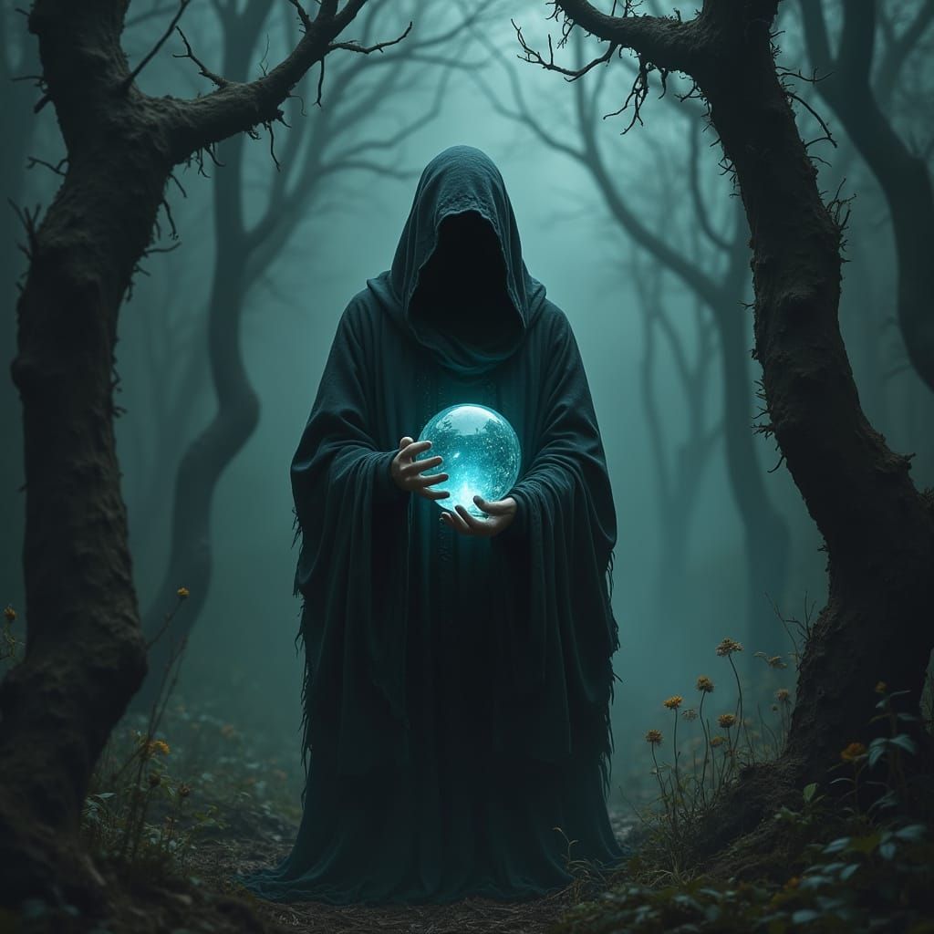 Mysterious Cloaked Figure in Dark Fantasy Forest