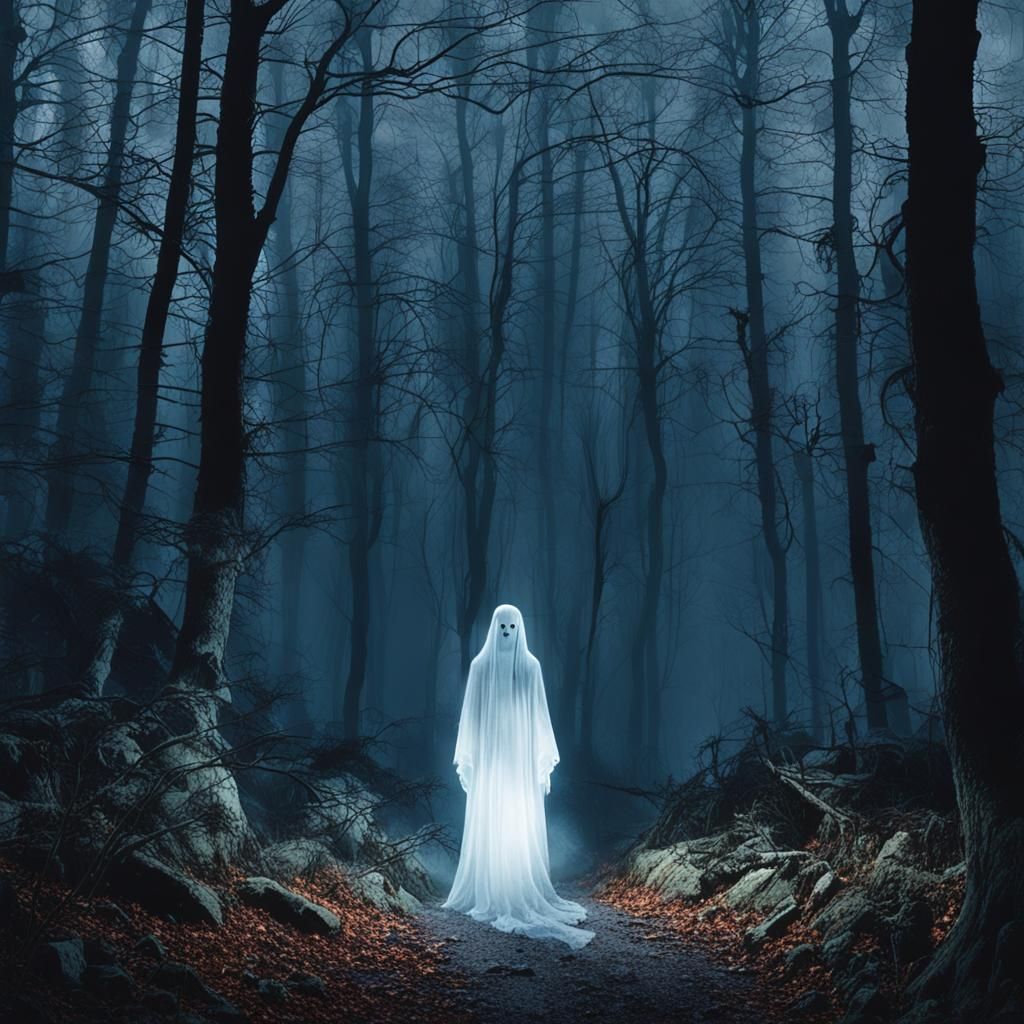 Ethereal Ghostly Figure in Dark Woods