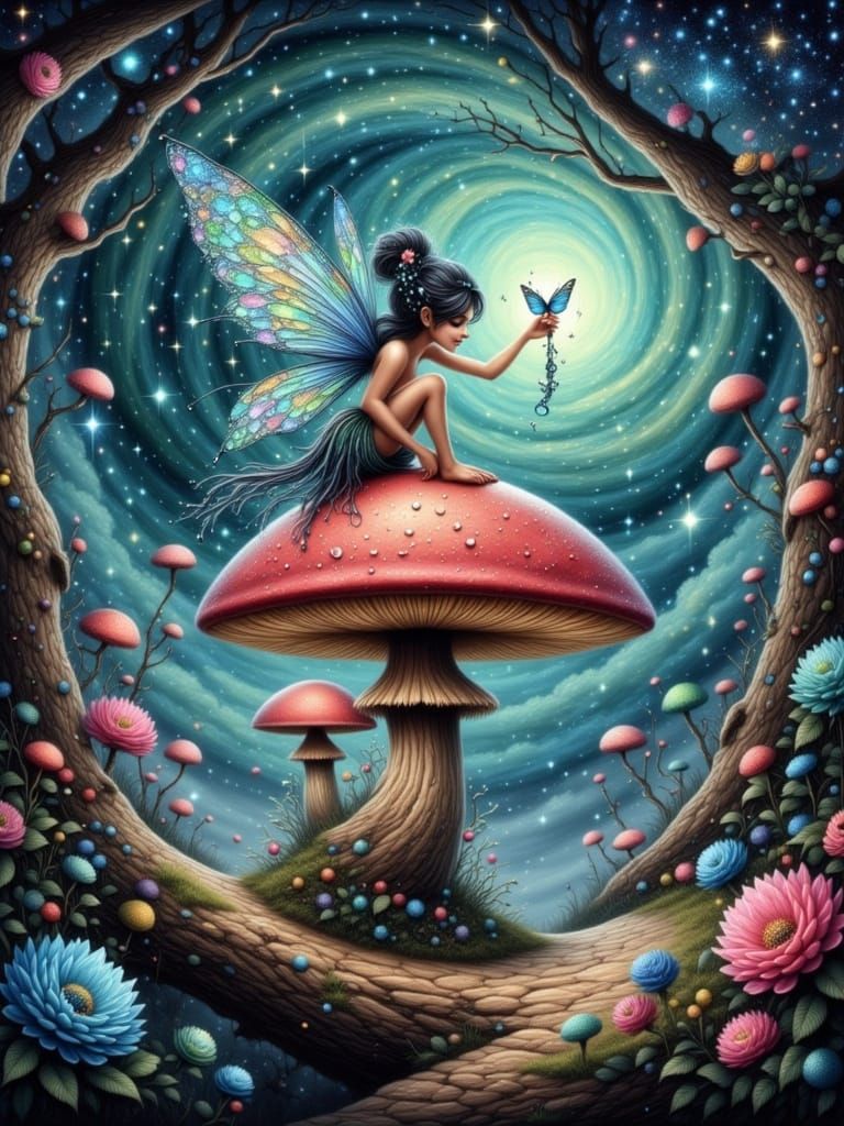 Mischievous Fairy on Giant Mushroom in Fantasy Art Style