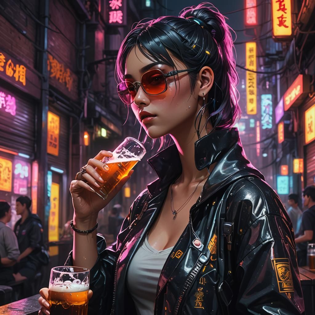 Neon Alleyway Anime Girl in Cyberpunk Style