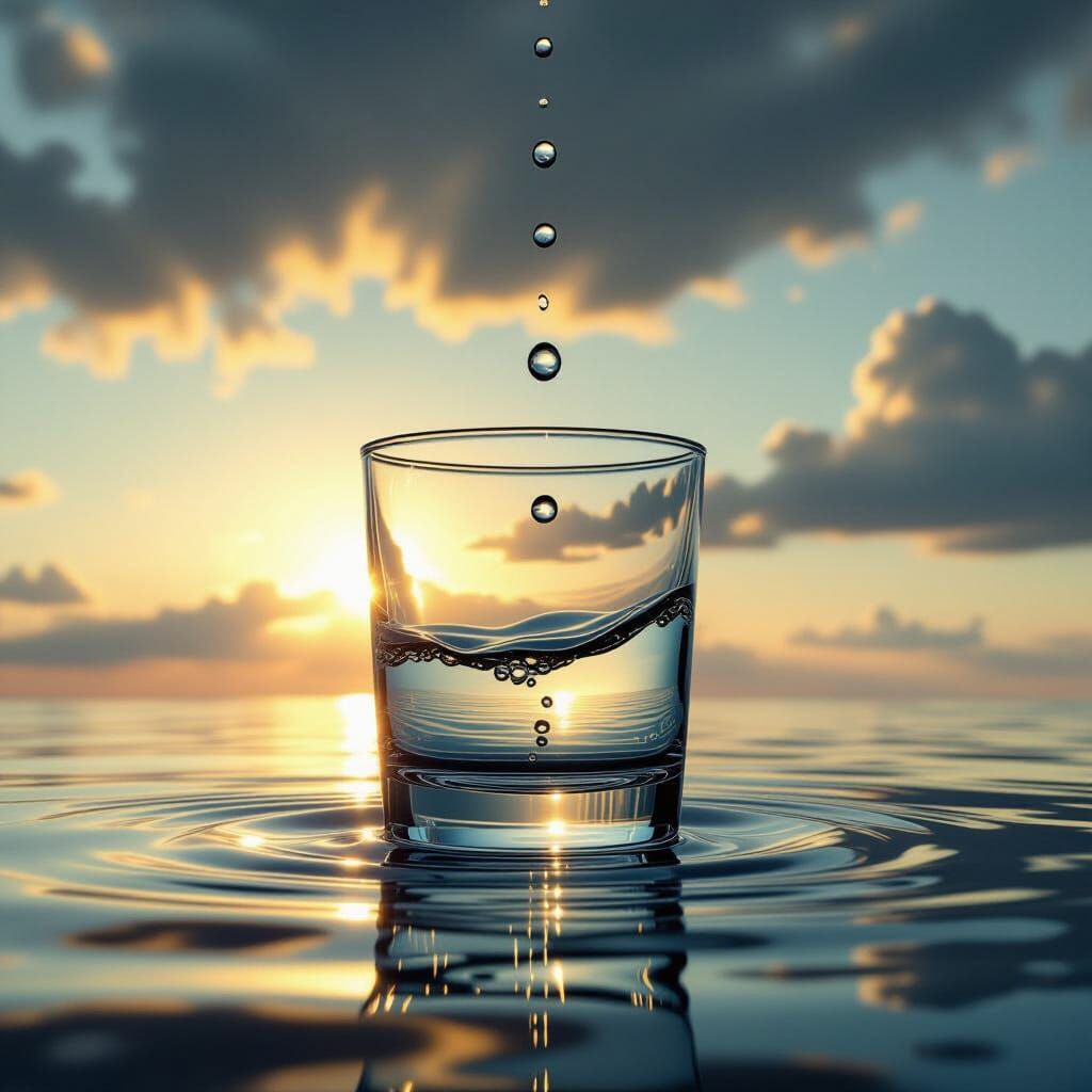 Dramatic Water Drop Overflows Glass, Photorealistic Style