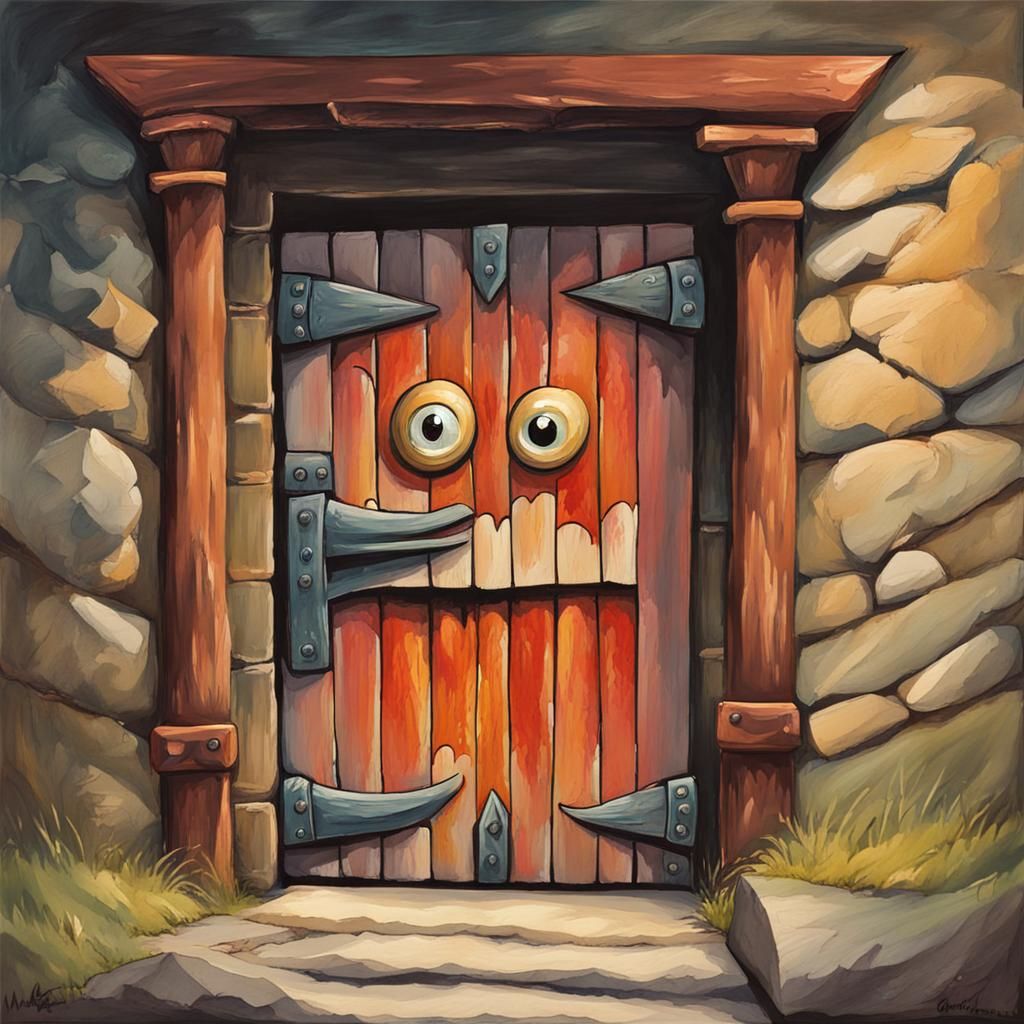 D&D mimic monster wood door with big sharp teeth and a long tongue in a stone dungeon