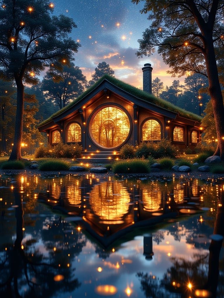 Whimsical Hobbit House with Starry Night Sky