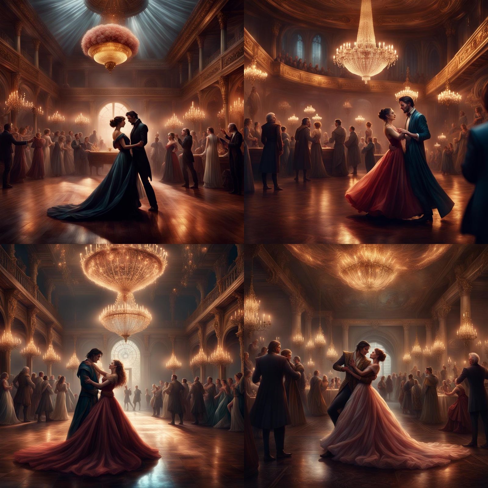 D&d, fantasy scene, woman in a gown dancing with a handsome man at a ball.
