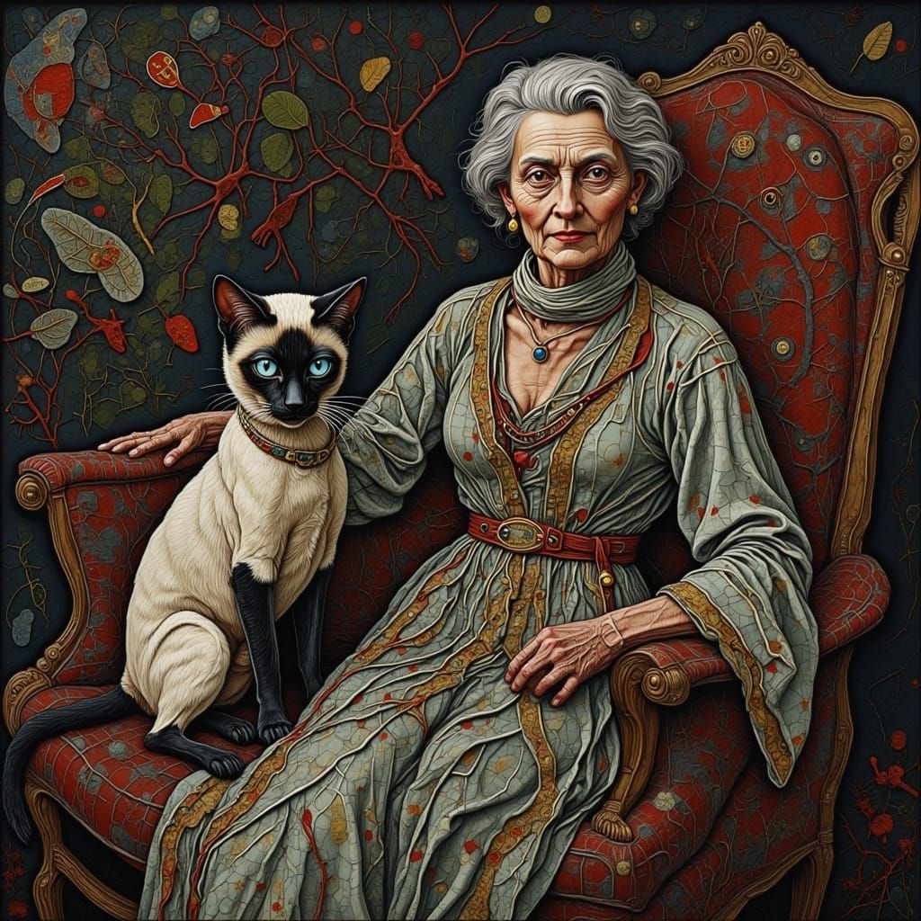 Regal Siamese Cat and Woman Portrait in Oil Painting Style