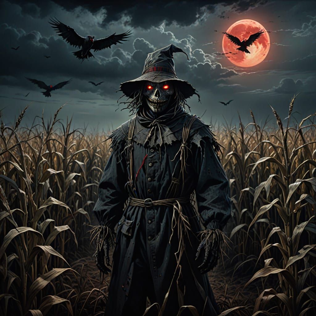 Dark Fantasy Scarecrow with Red Eyes in Cornfield
