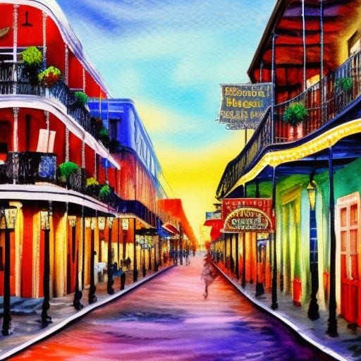 Bourbon Street New Orleans Gouache Watercolor Painting
