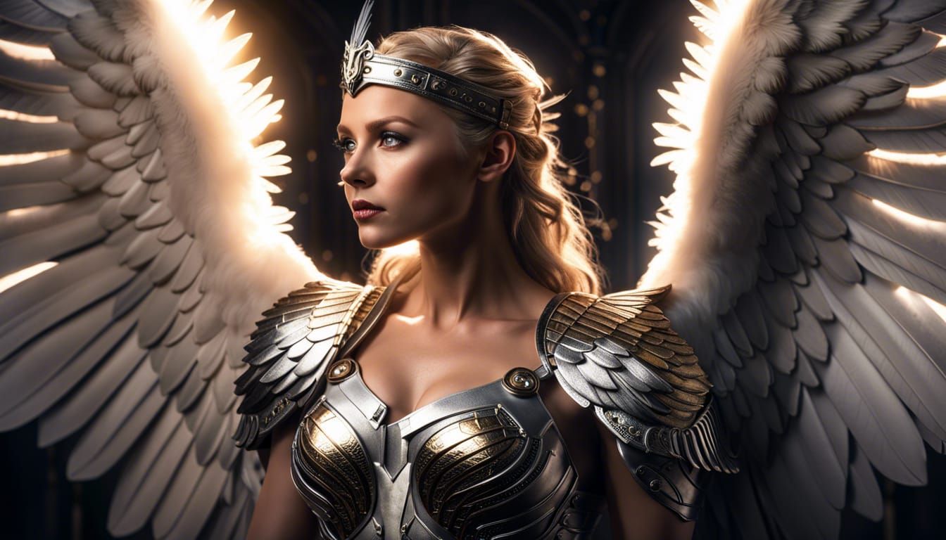 Hyperrealistic Valkyrie Portrait with Angel Wings