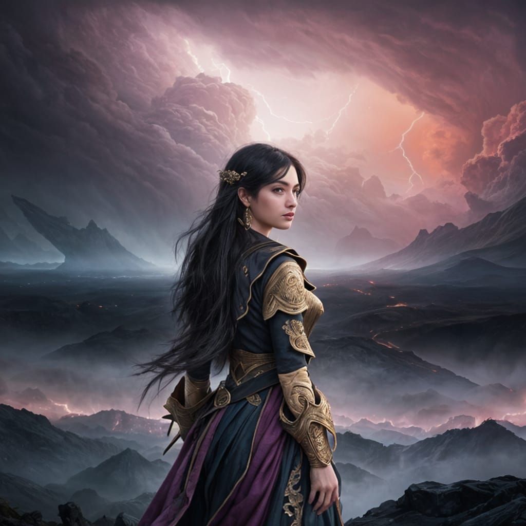 Woman in Stormy Landscape with Magical Lighting