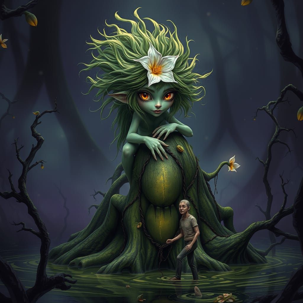 Magical realism, a swamp kikimora sits on a bog bump and dec...