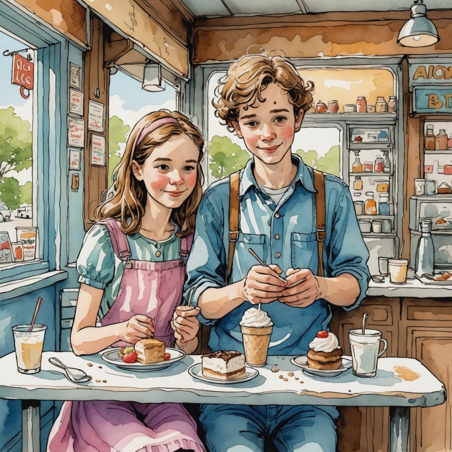 Brother and Sister at Ice Cream Parlor Illustration