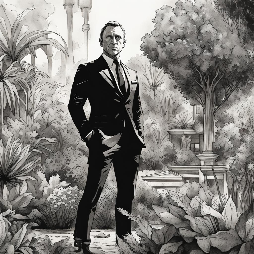 James Bond in Botanical Garden Gunfight, Black Ink