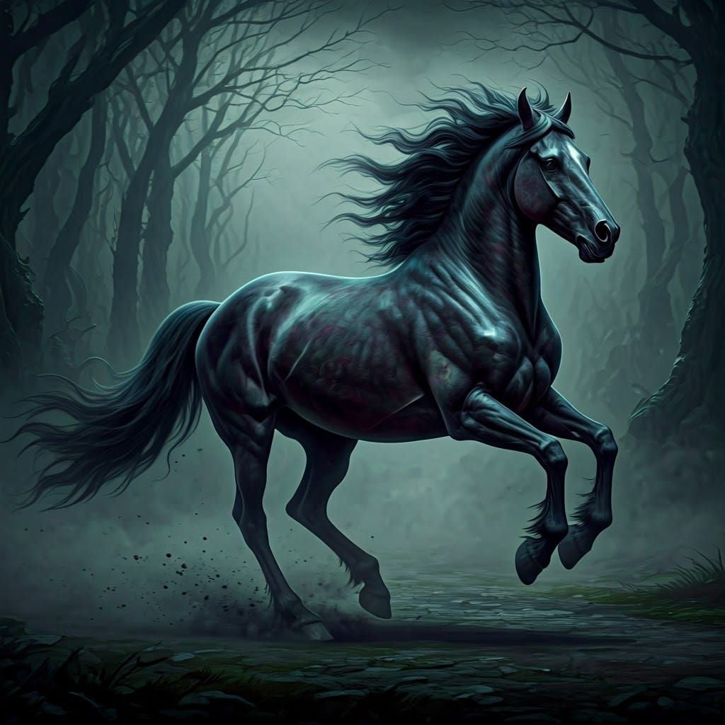 Majestic Dark Horse Galloping in Mystical Landscape