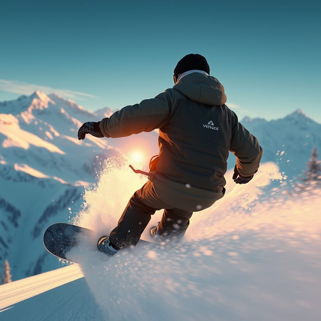 Snowboarder in High-Speed Carve through Breathtaking Winter....