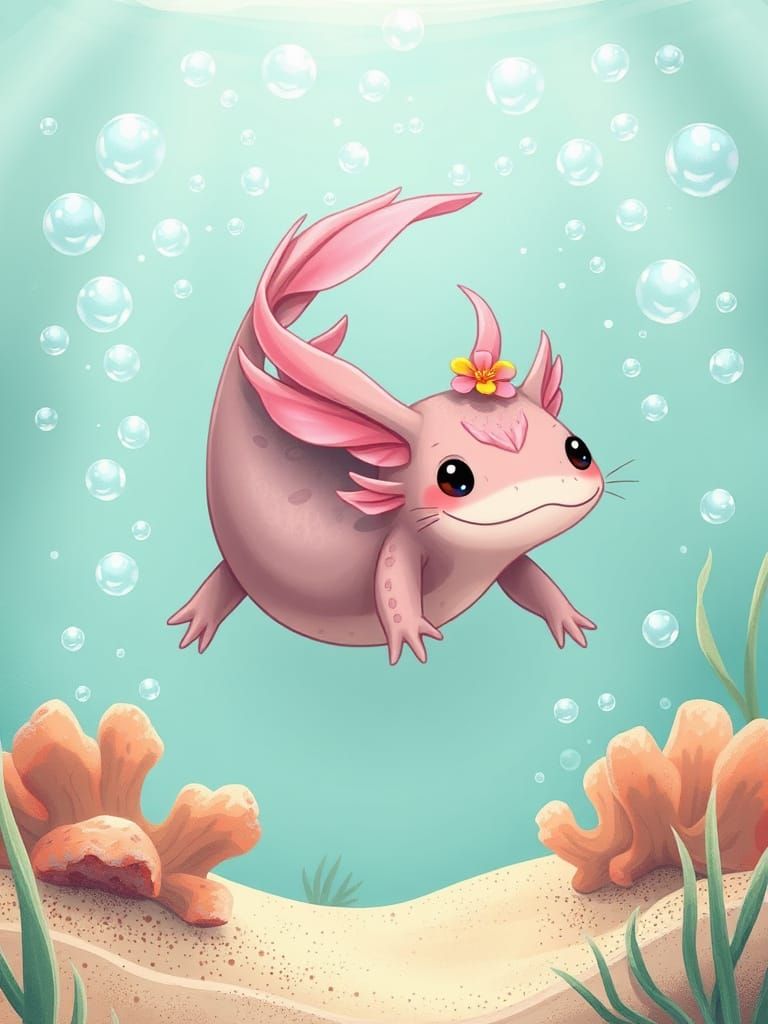 Dreamy Axolotl in a Whimsical Underwater World