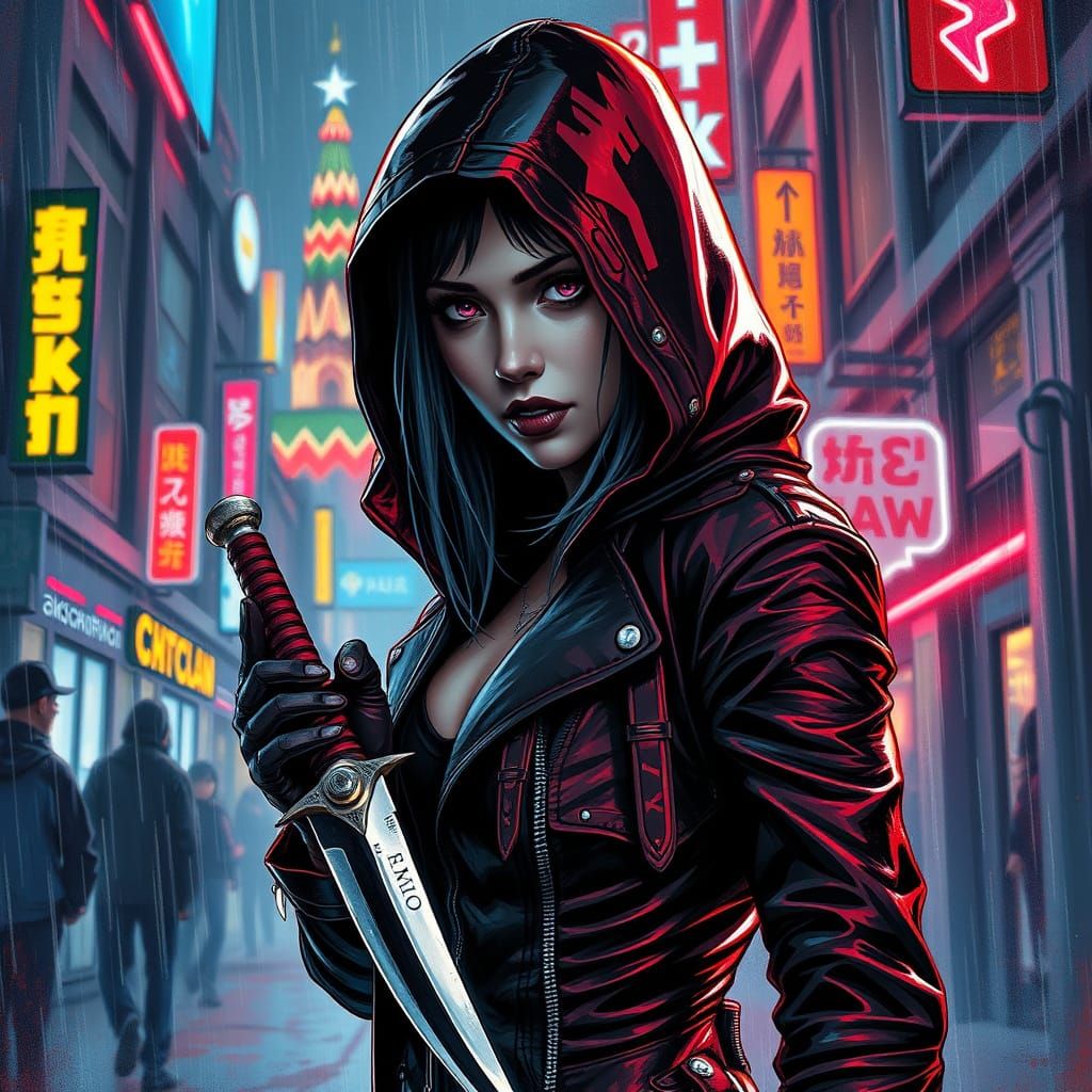 Cyberpunk Assassin in Rainy Moscow