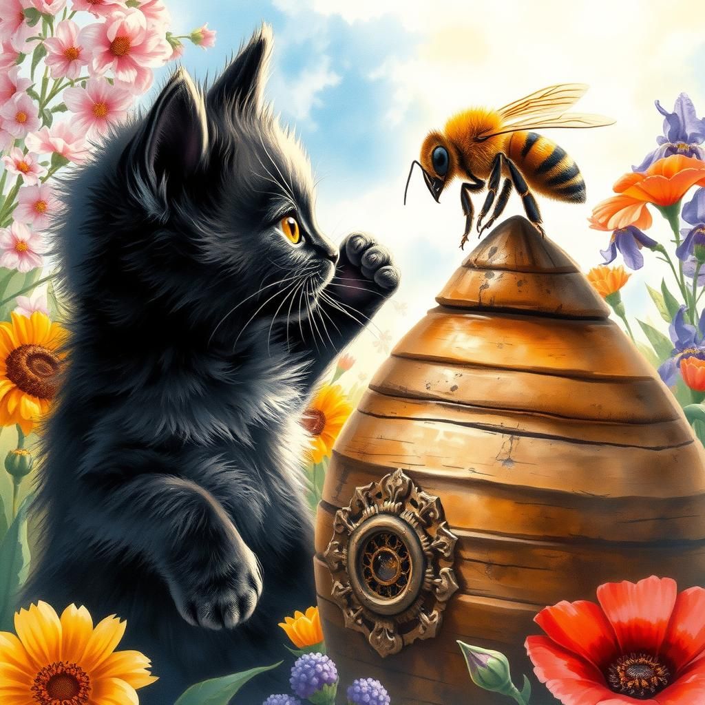 Startled Kitten Confronts Bee in Fantasy Watercolor