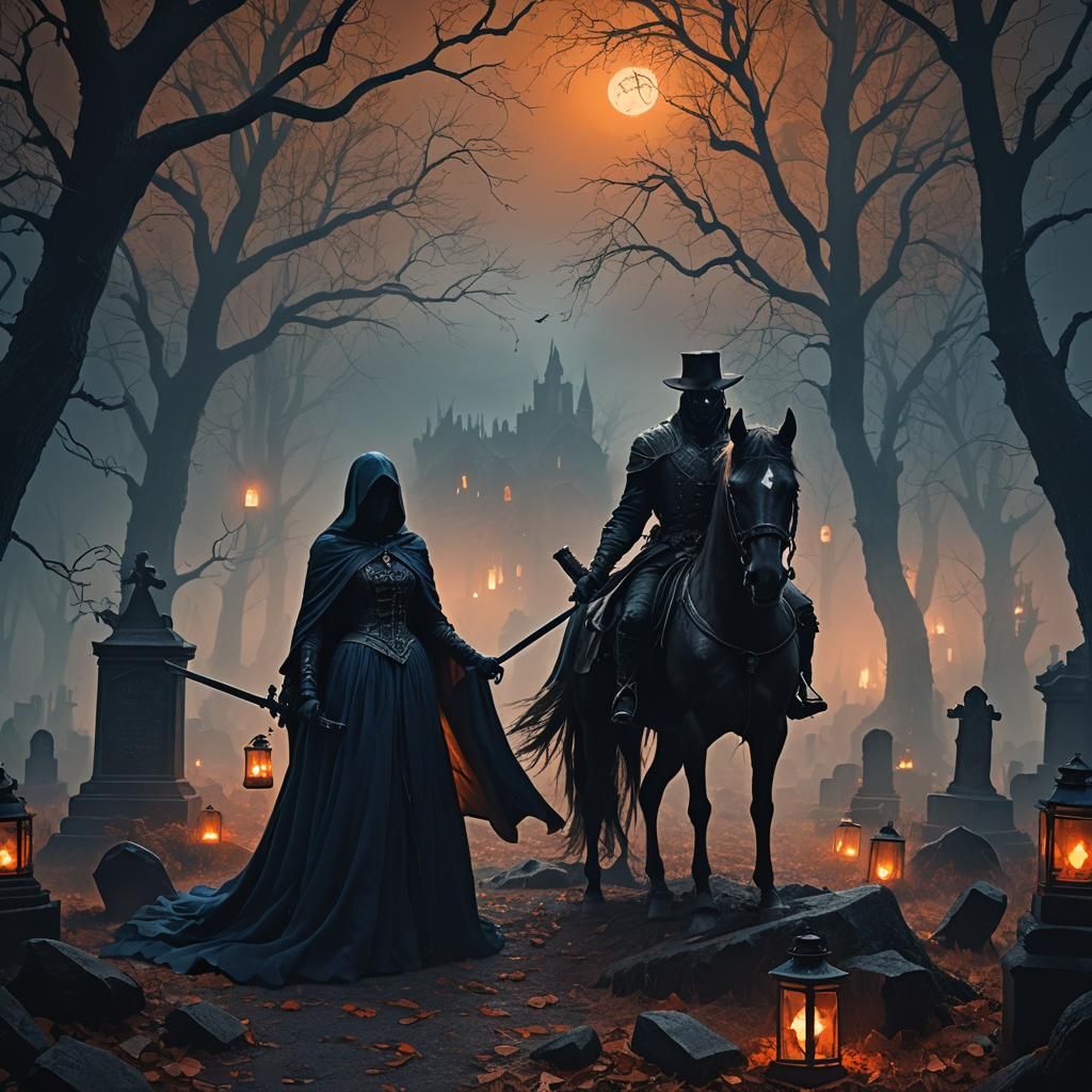 Headless Horseman and Bride in a Graveyard