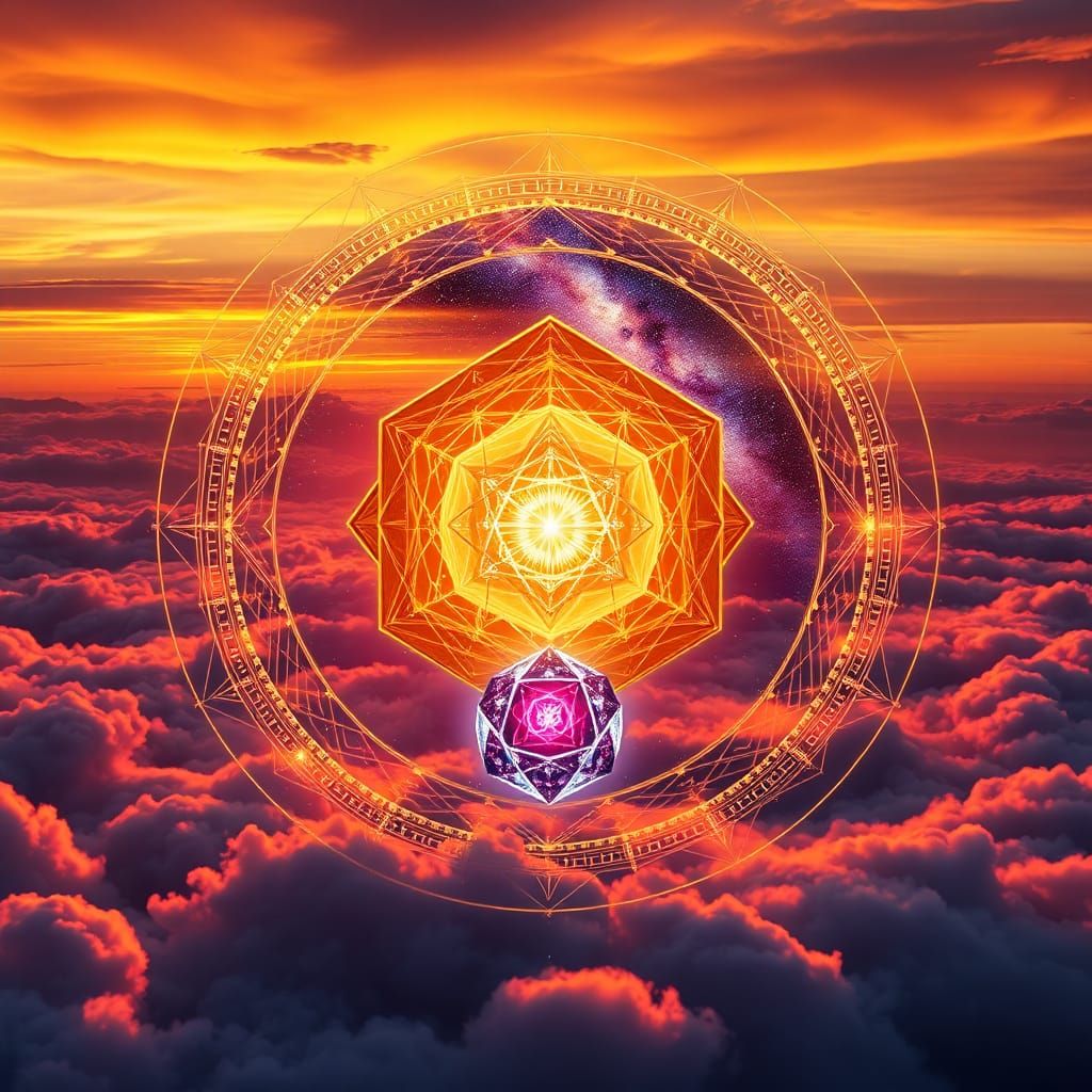 Golden Dodecahedron Radiating Energy Above Clouds