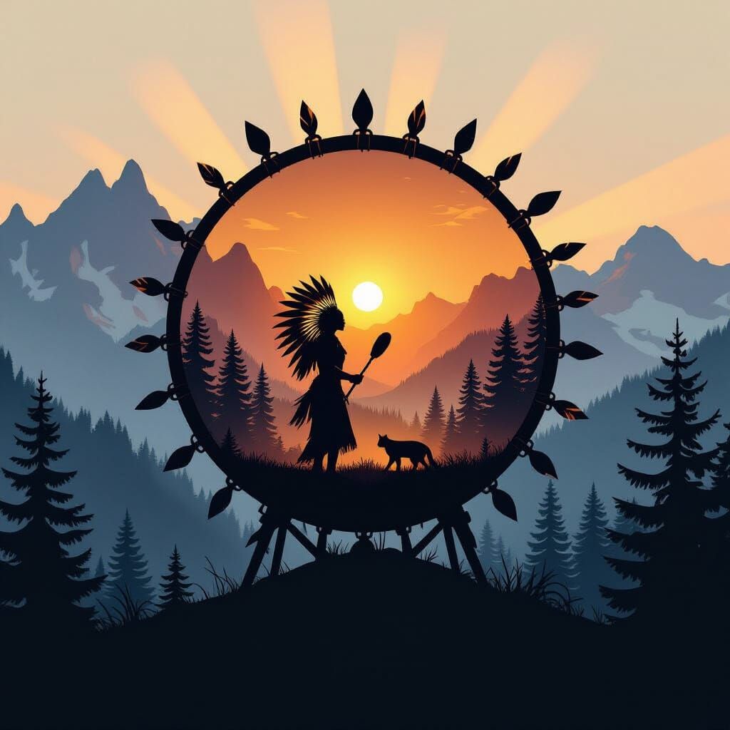 Native Spirit Drum Double Exposure with Mountain View