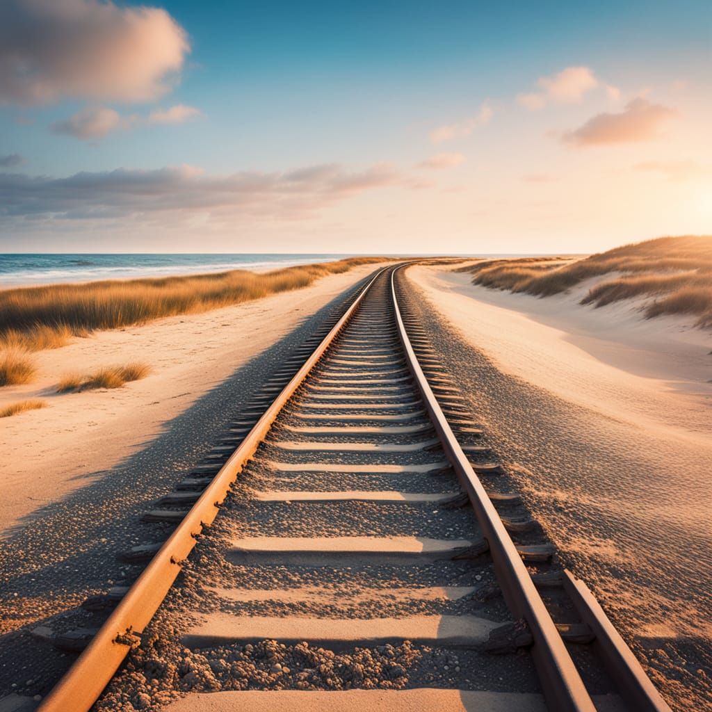 Seaside Railroad Tracks Landscape at Golden Hour