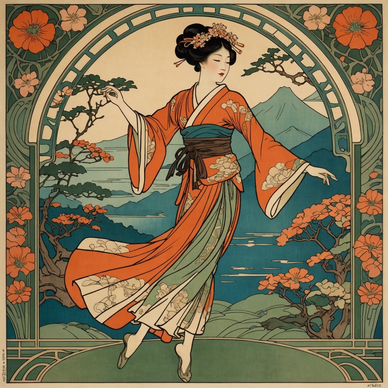 Art Nouveau Belly Dancer in Japanese Setting