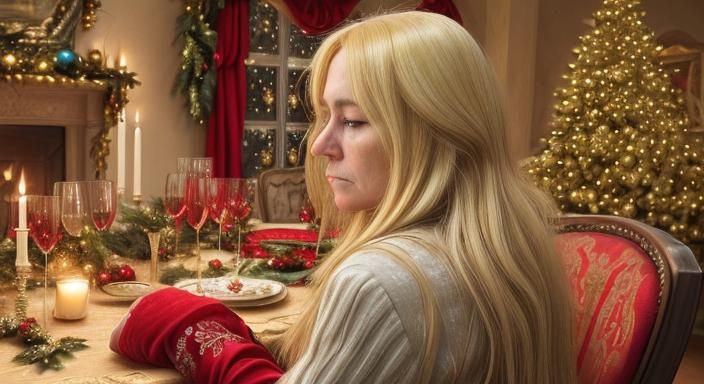 Sad Woman at Lavish Christmas Table in Abstract Art