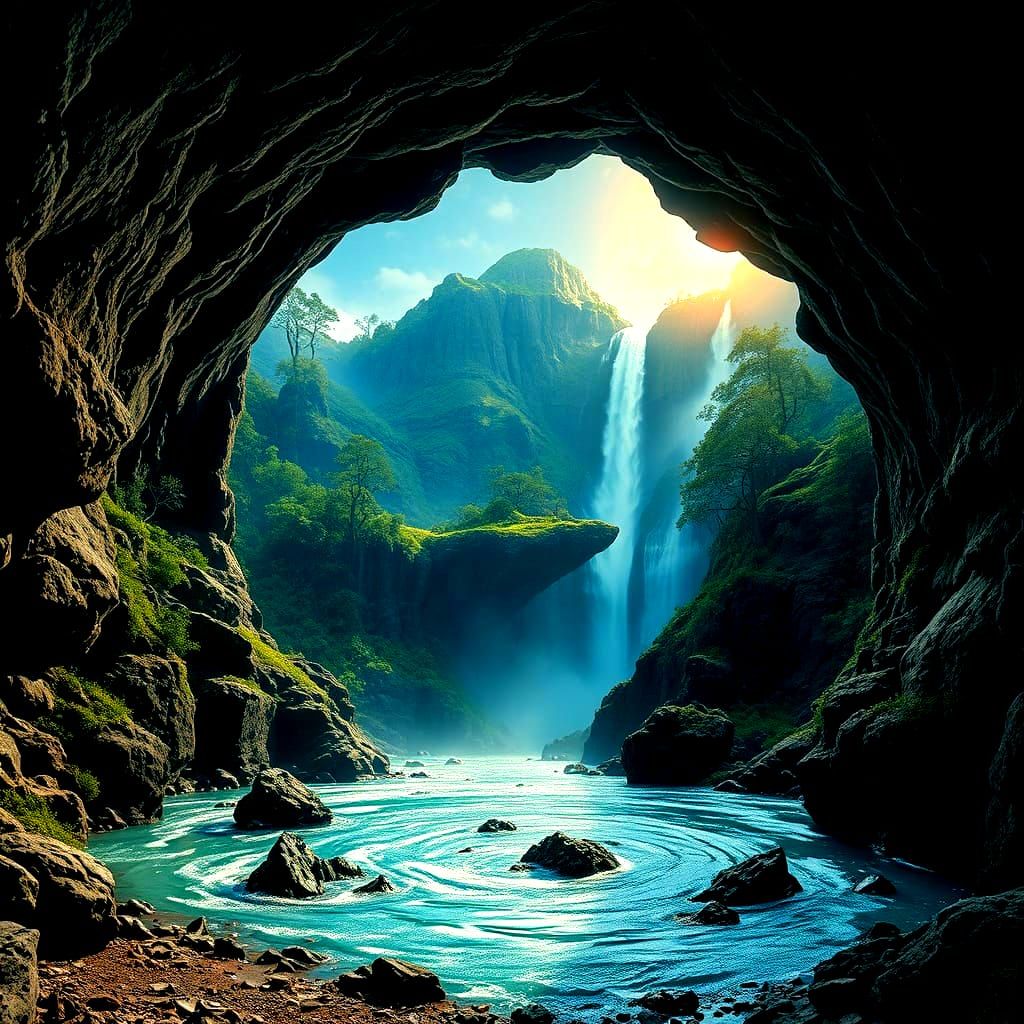 Mysterious Water Portal Behind Waterfall in Ancient Forest