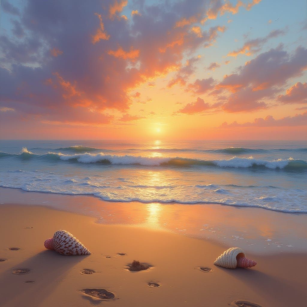 Golden Hour Beach Scene with Vibrant Sunset