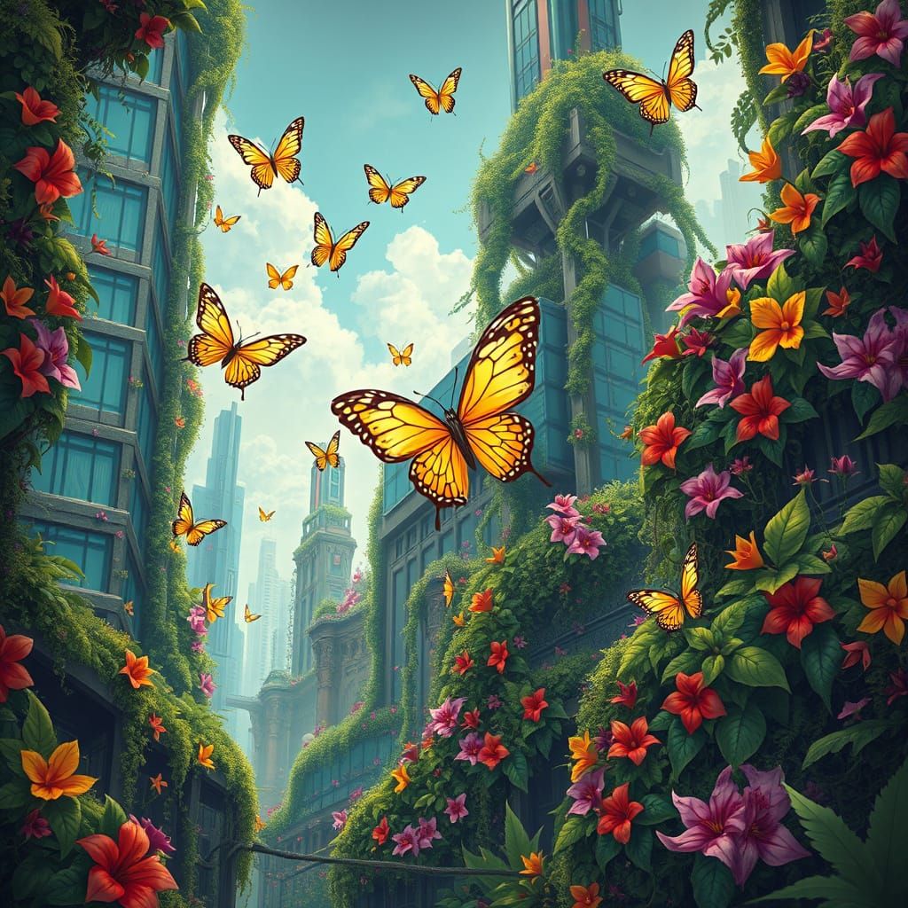 Overgrown Futuristic Cityscape with Giant Luminous Butterfli...