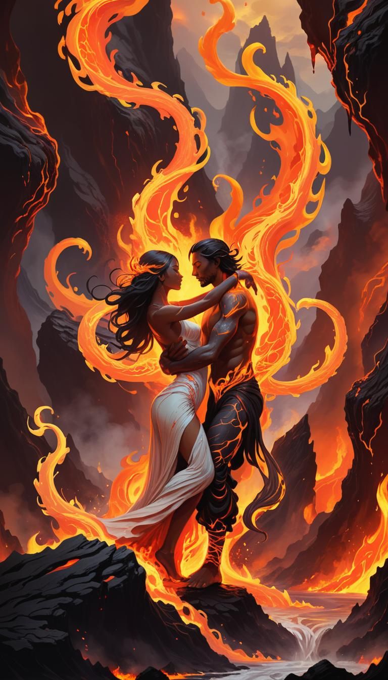 Fiery Lava Dancers in a Volcanic Landscape