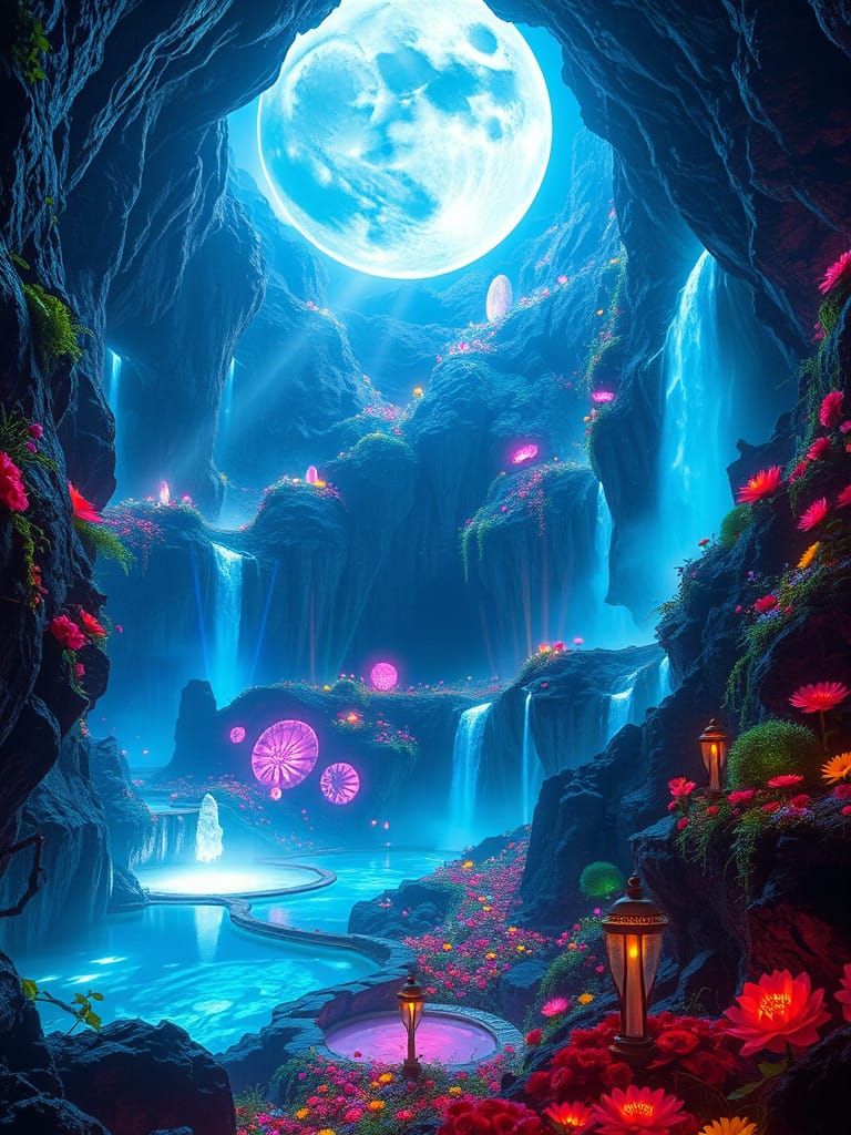Ethereal Space Moon Caverns in Vibrant Bioluminescent Colors