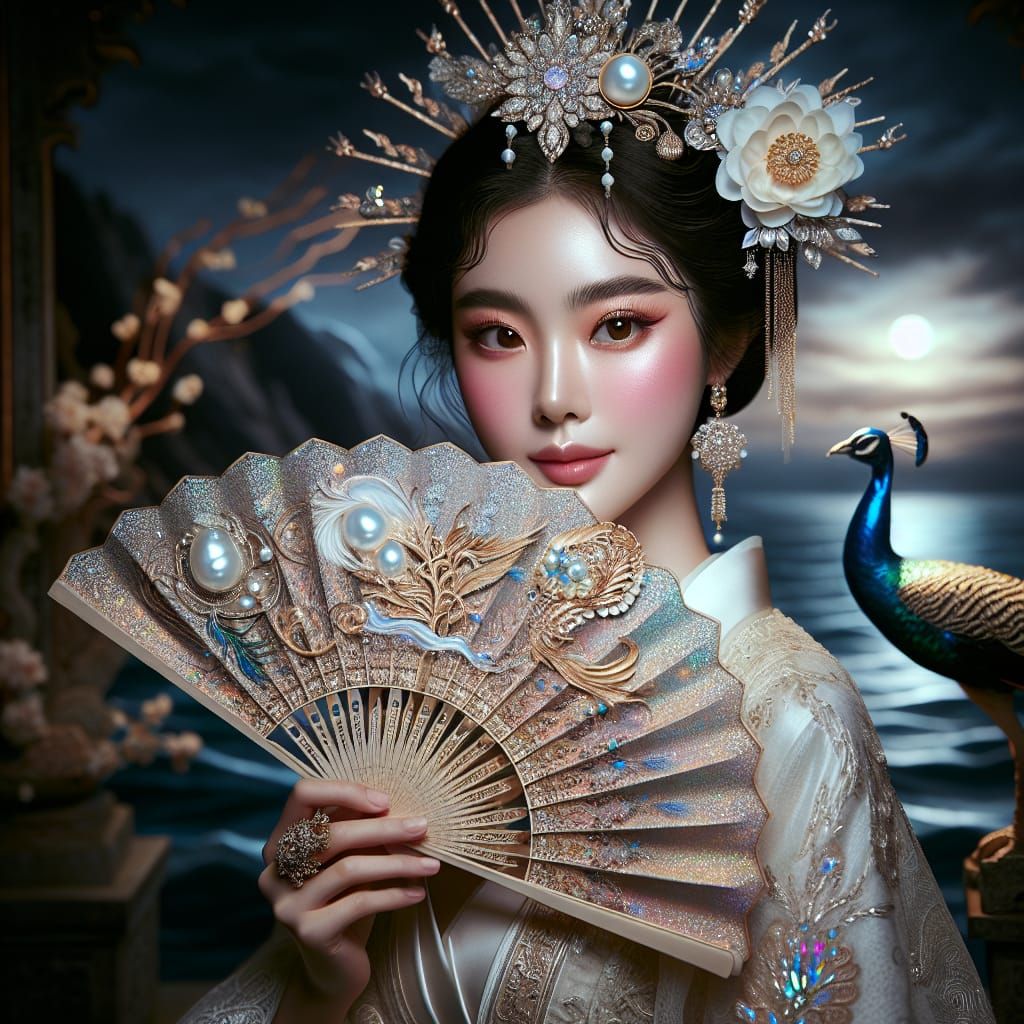 Asian Beauty with Ornate Fan, Pre-Raphaelite Style