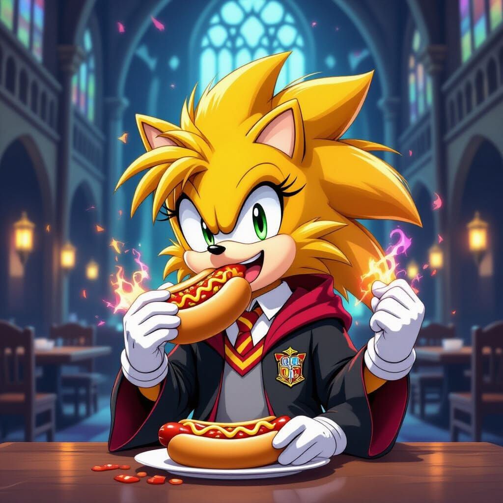 Super Saiyan Sonic Eats Chilli Dog at Hogwarts in Anime Styl...