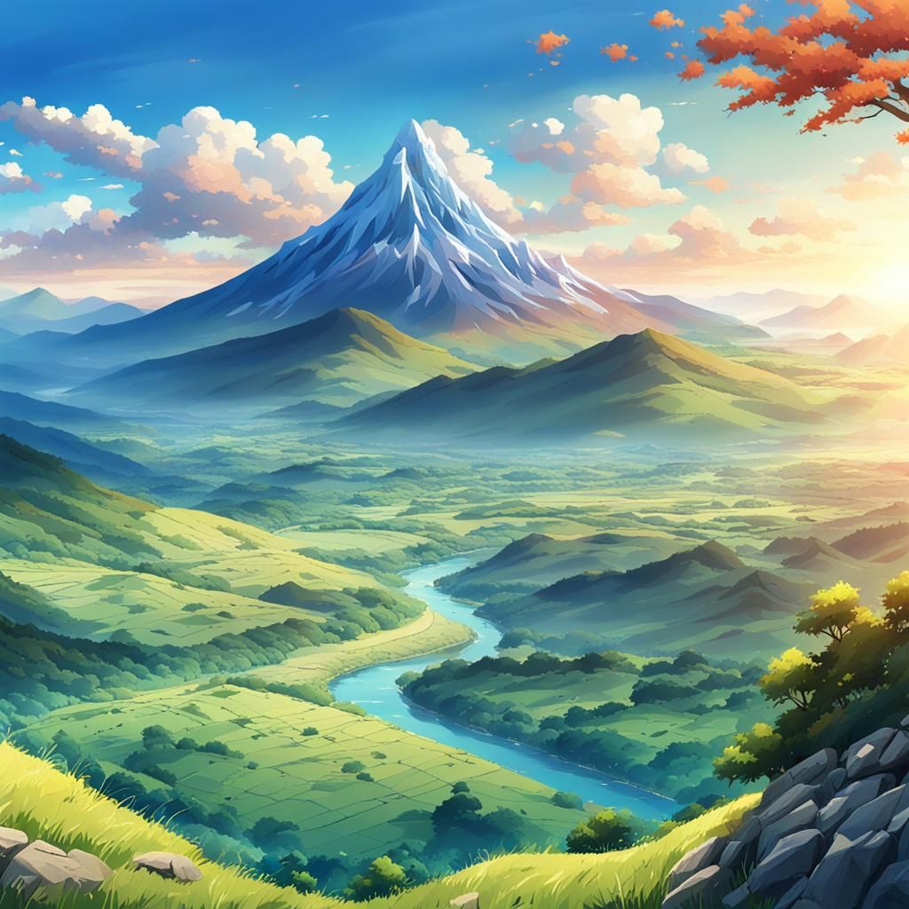 Anime Landscape with Mountain and Valley in 4K