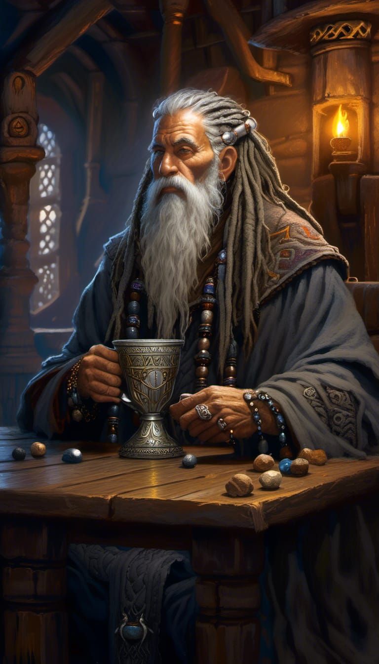 Old Wizard in Tavern with Magical Cup