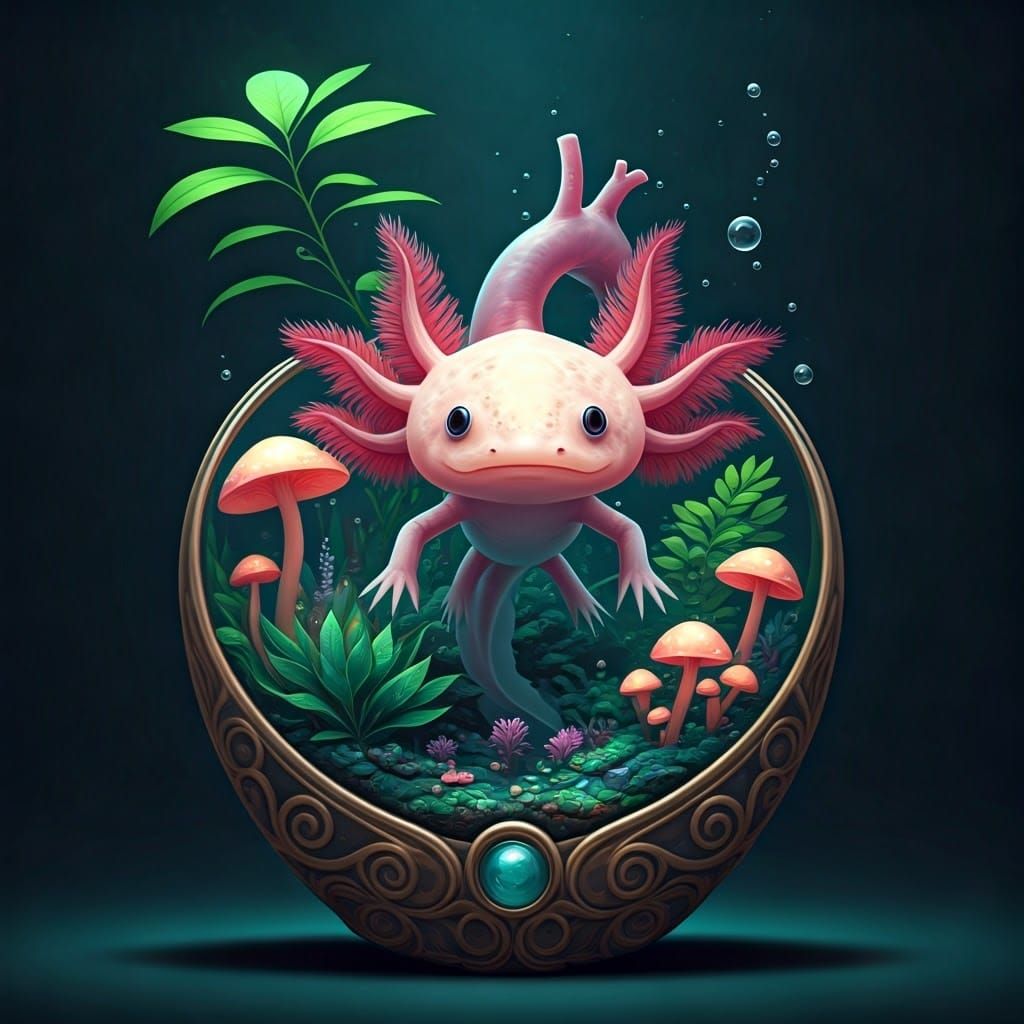 Mystical Axolotl in Enchanted Aquarium Scene