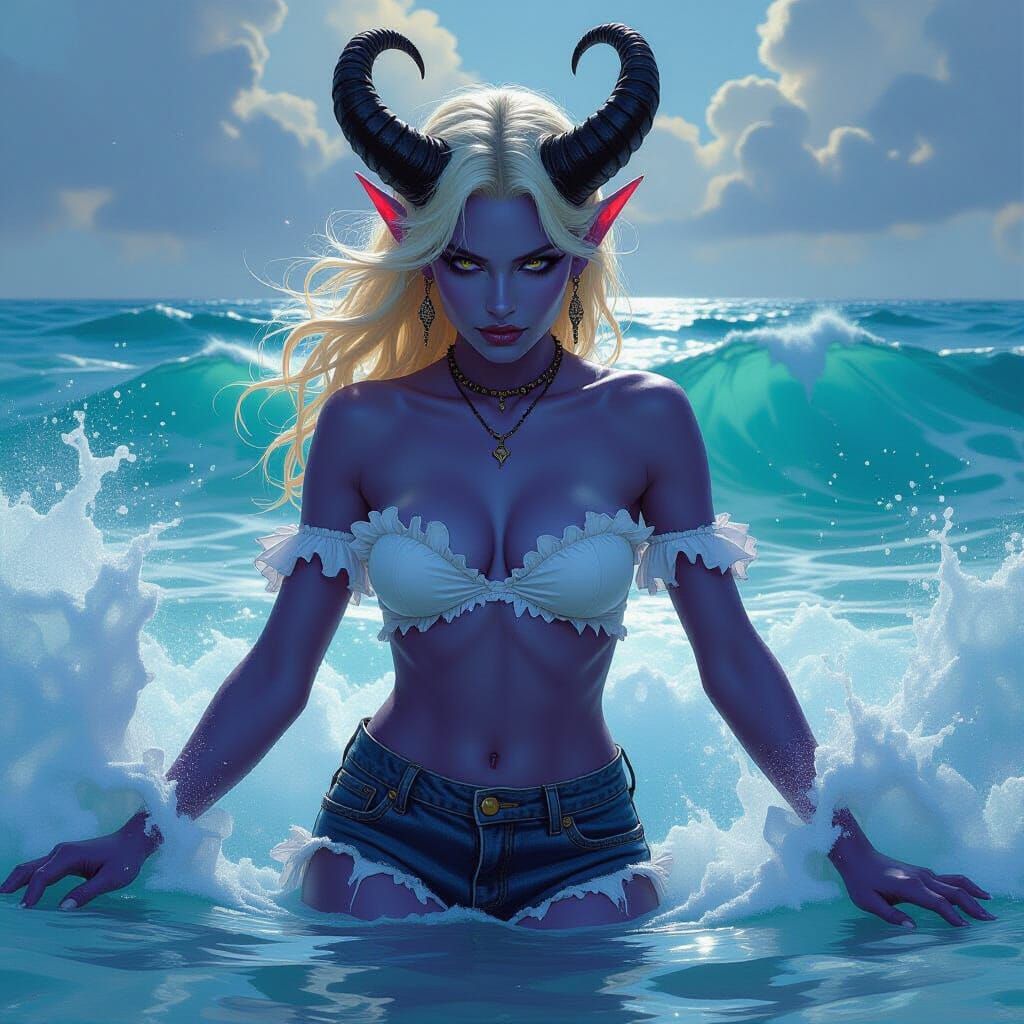 Tiefling Emerges from the Sea, in Fantasy Oil Painting