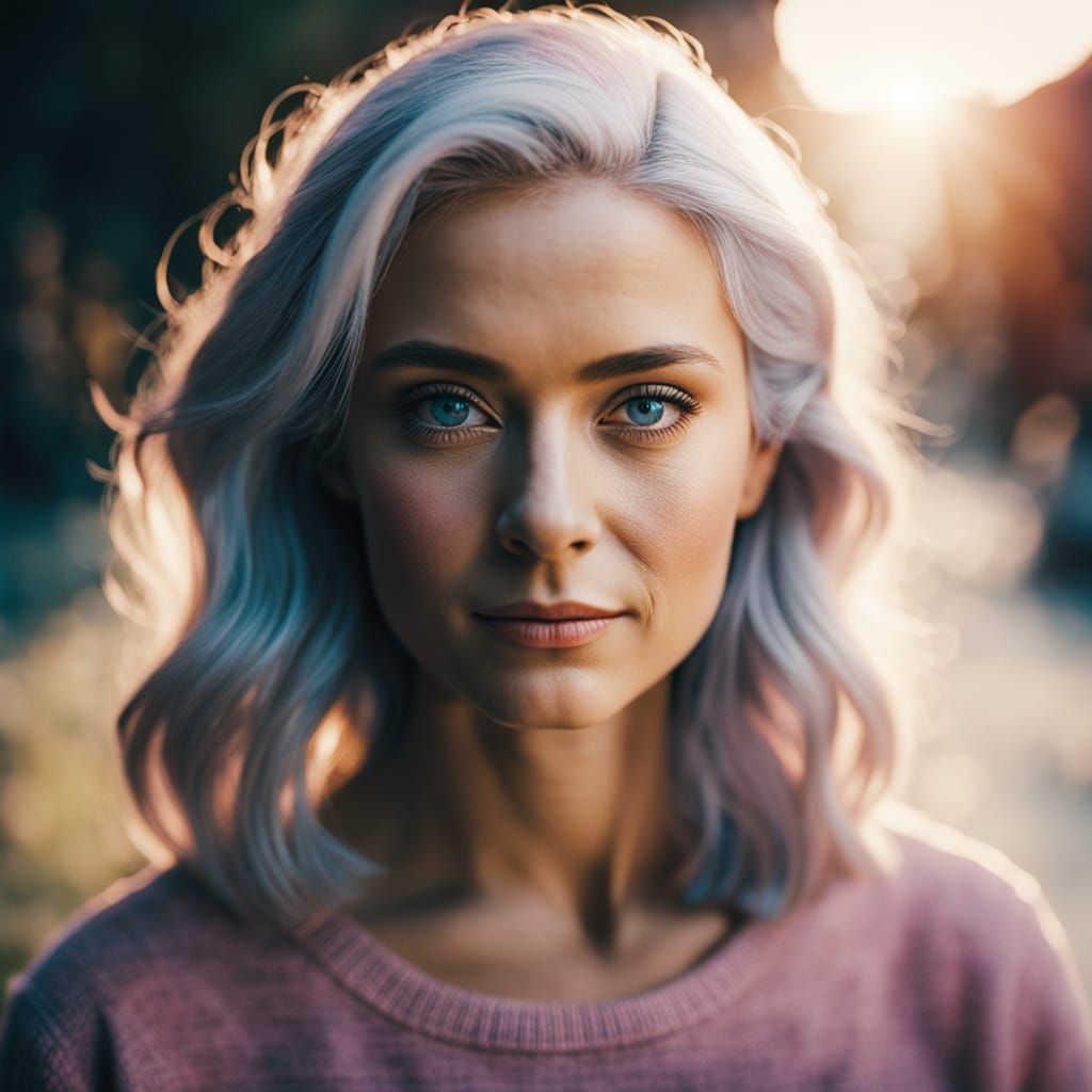 Photorealistic Portrait of a Young Woman with Silver Hair