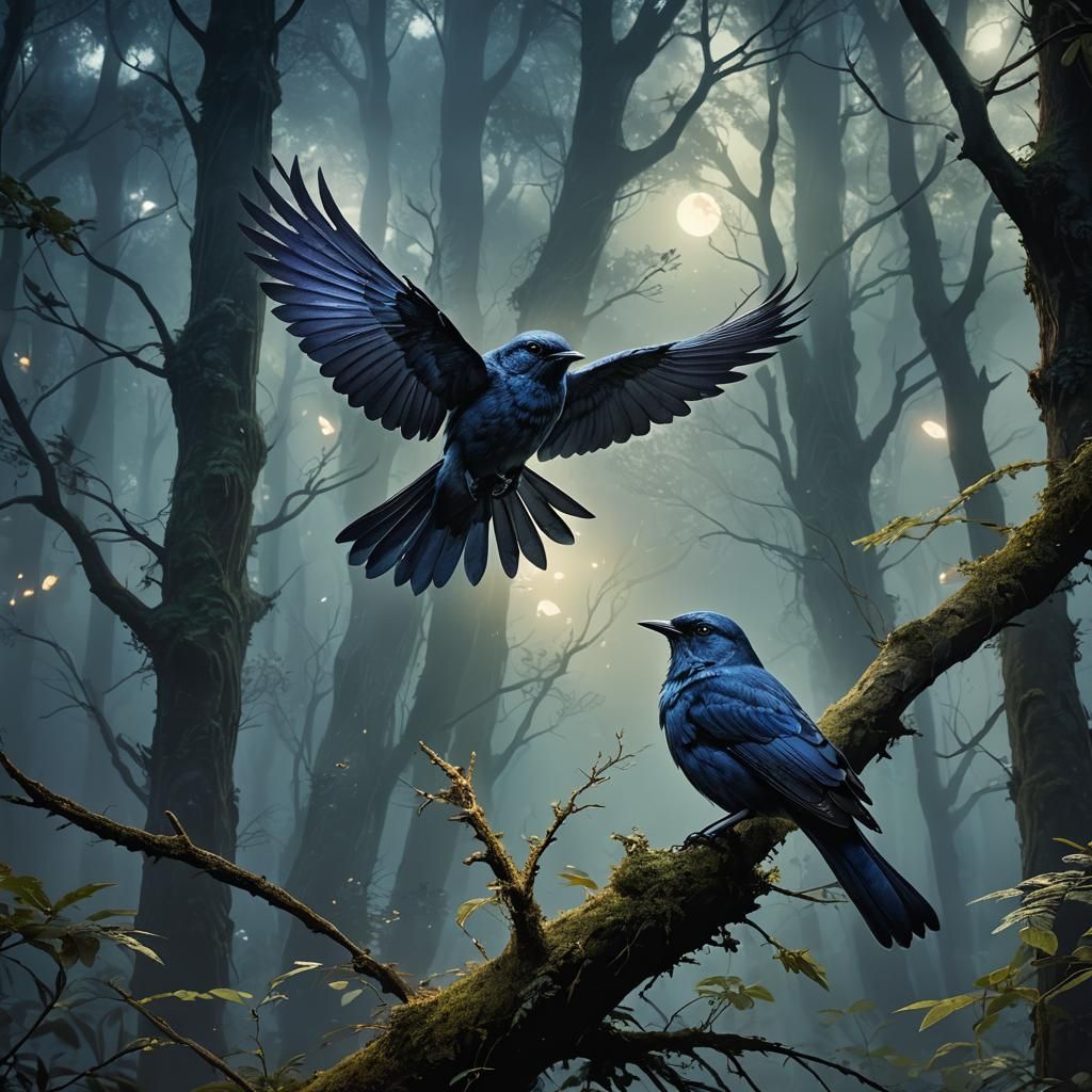 Silver Nightingale in Moonlit Forest, Concept Art