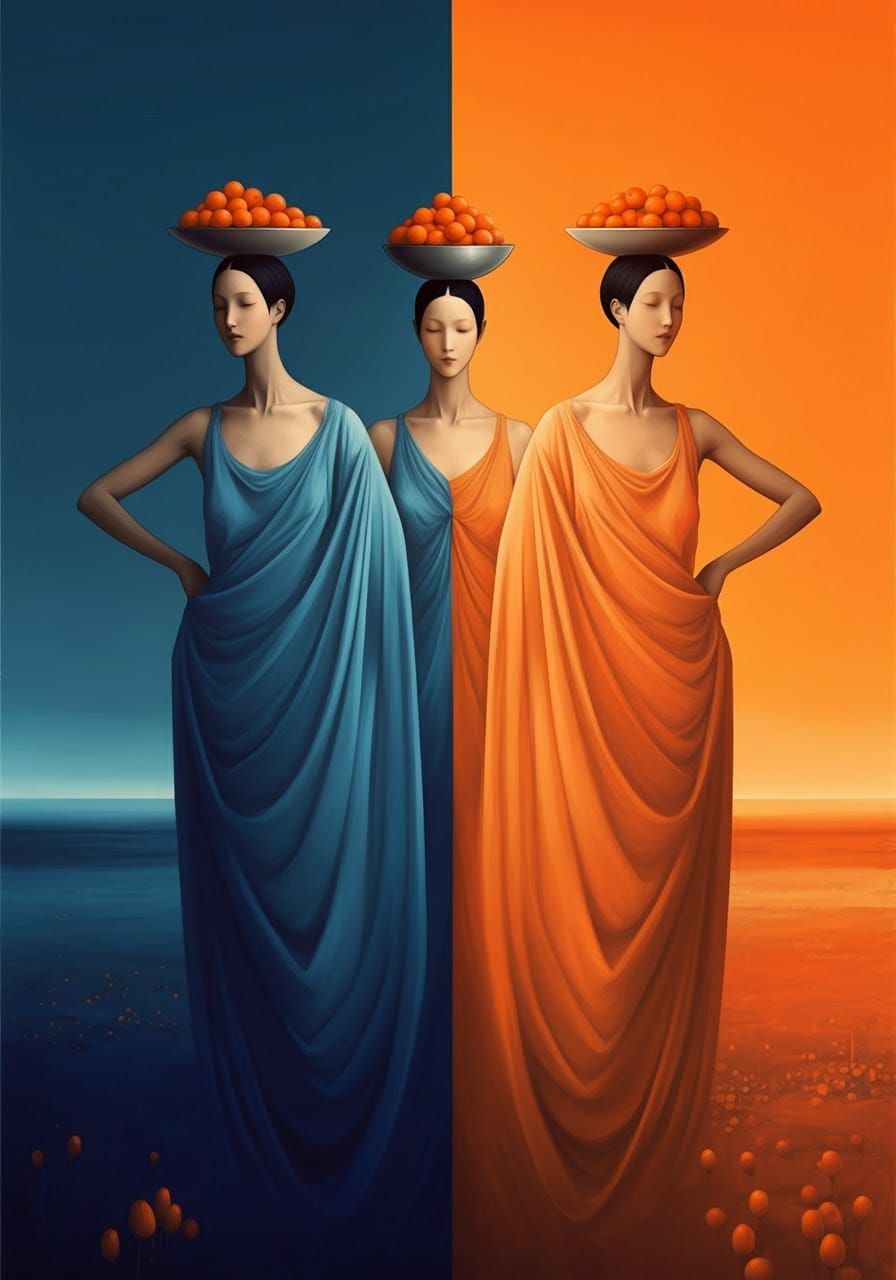 Ethereal Female Figures Balance Orange Fruits Against Split-...