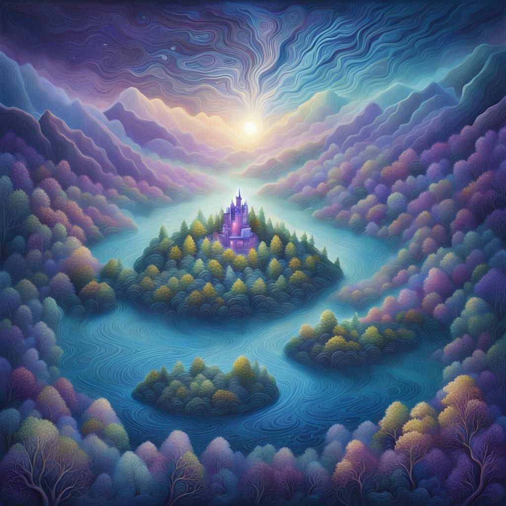Cosmic Island in Shimmering Fog, Mixed Media Art