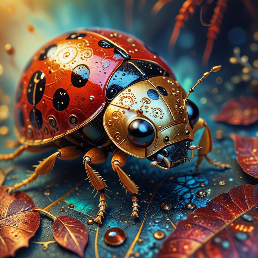 Steampunk Ladybug in Watercolor with Silk Exoskeleton