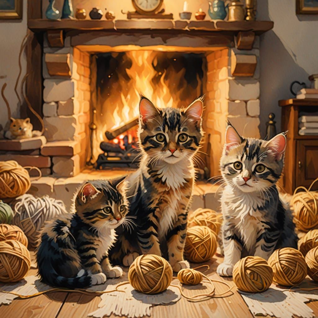 Kittens Playing with Yarn in Cozy Fireplace Scene