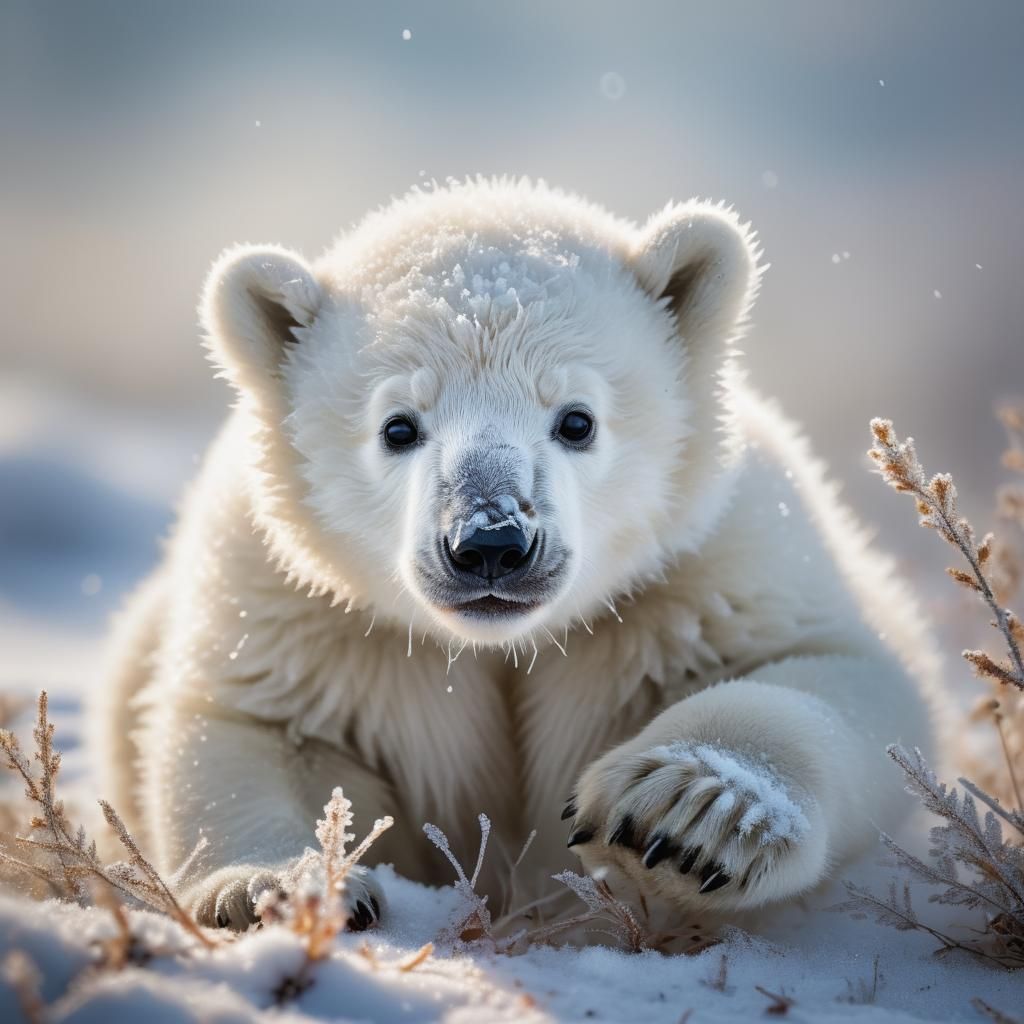Polar Bear Cub Plays in Snowy Wildlife Scene