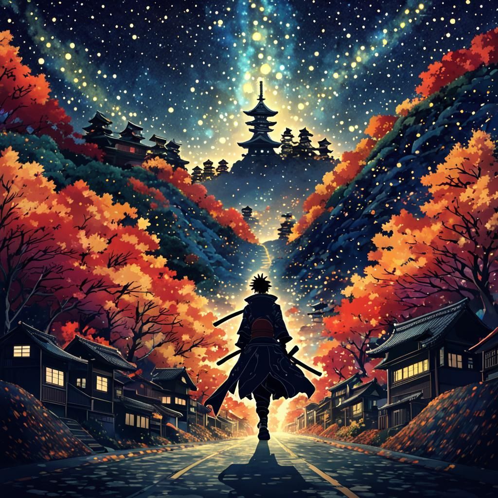 Futuristic Samurai on Autumn Hill in Anime Style